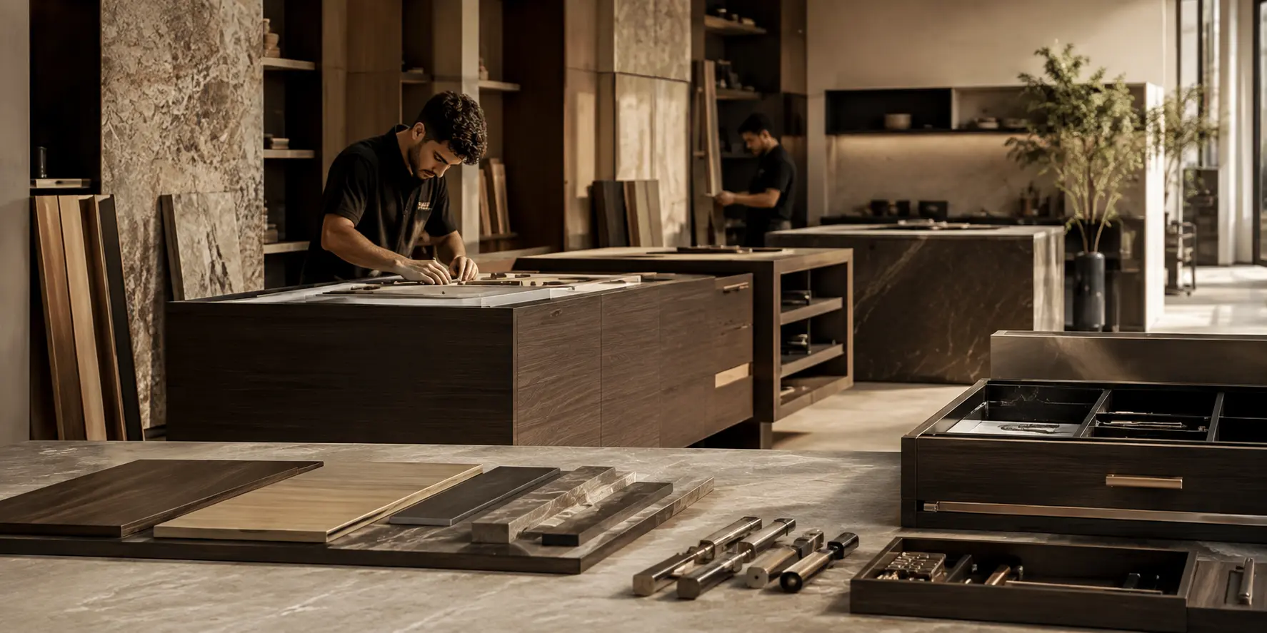 Craftsman assembling bespoke cabinetry in the Noriek workshop
