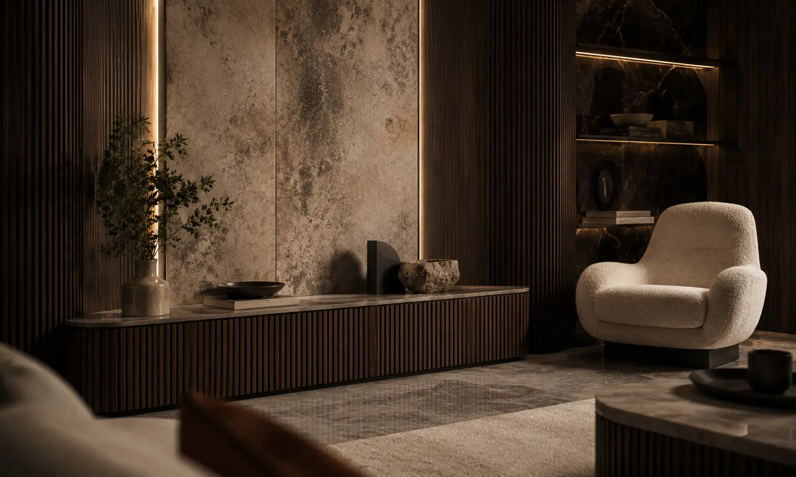 Dark fluted sideboard and bouclé lounge chair